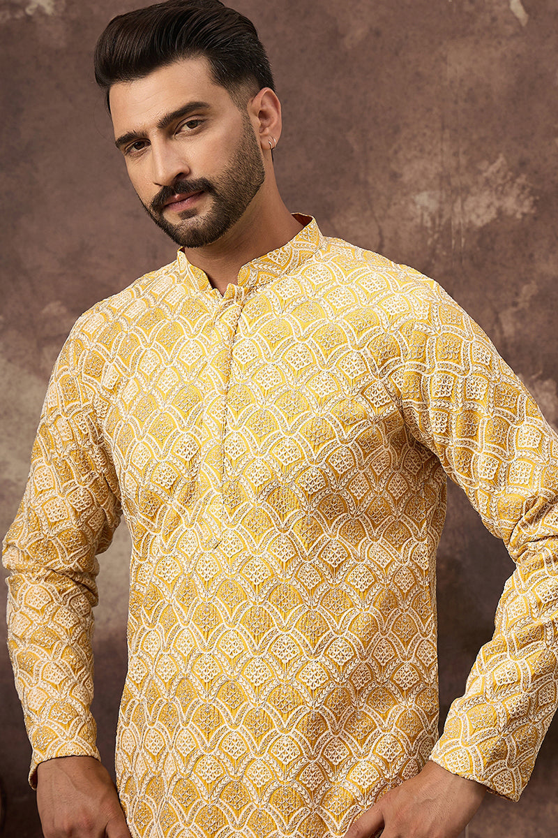 yellow viscose rayon solid embroidered straight kurta with trouser
