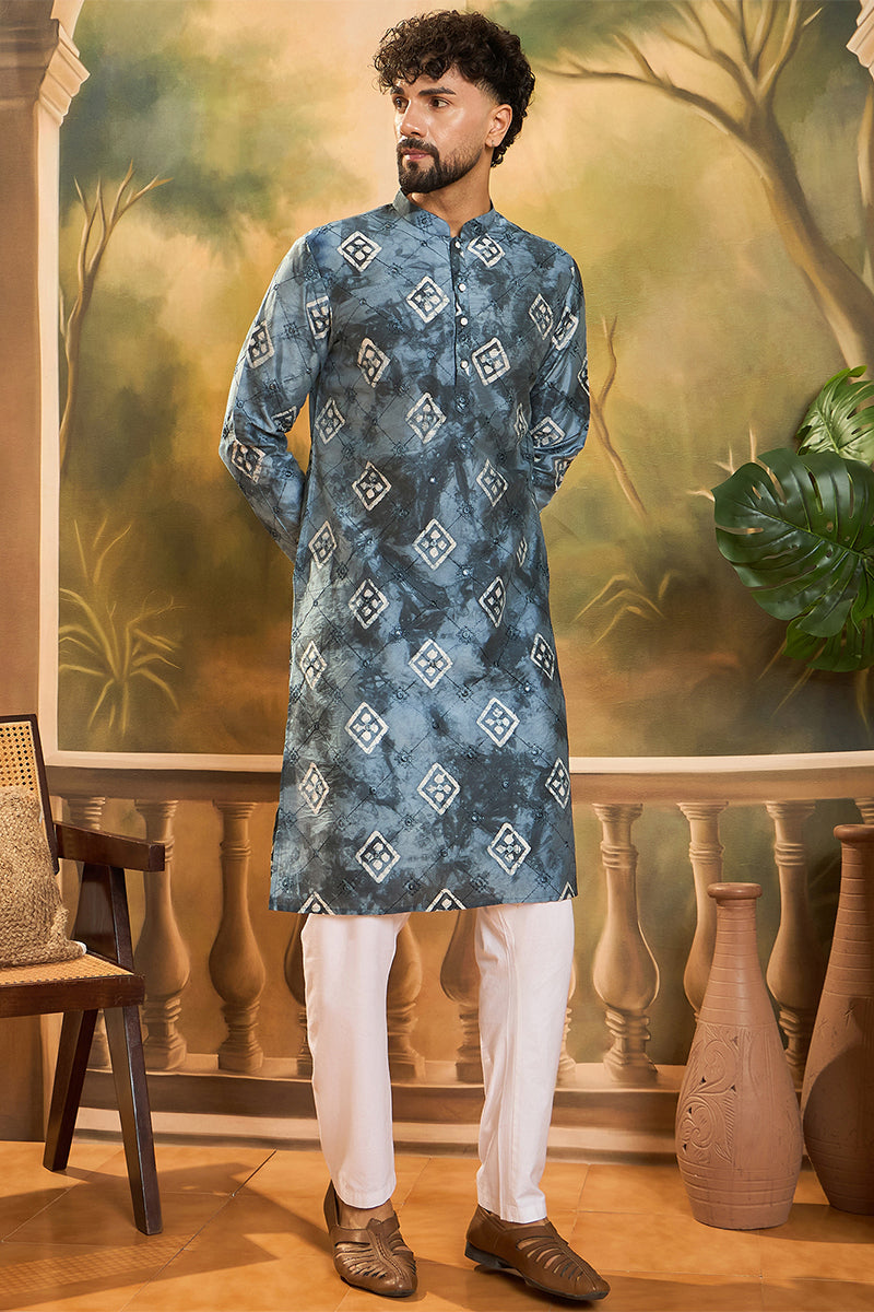 blue silk blend batik embroidered straight kurta with trouser