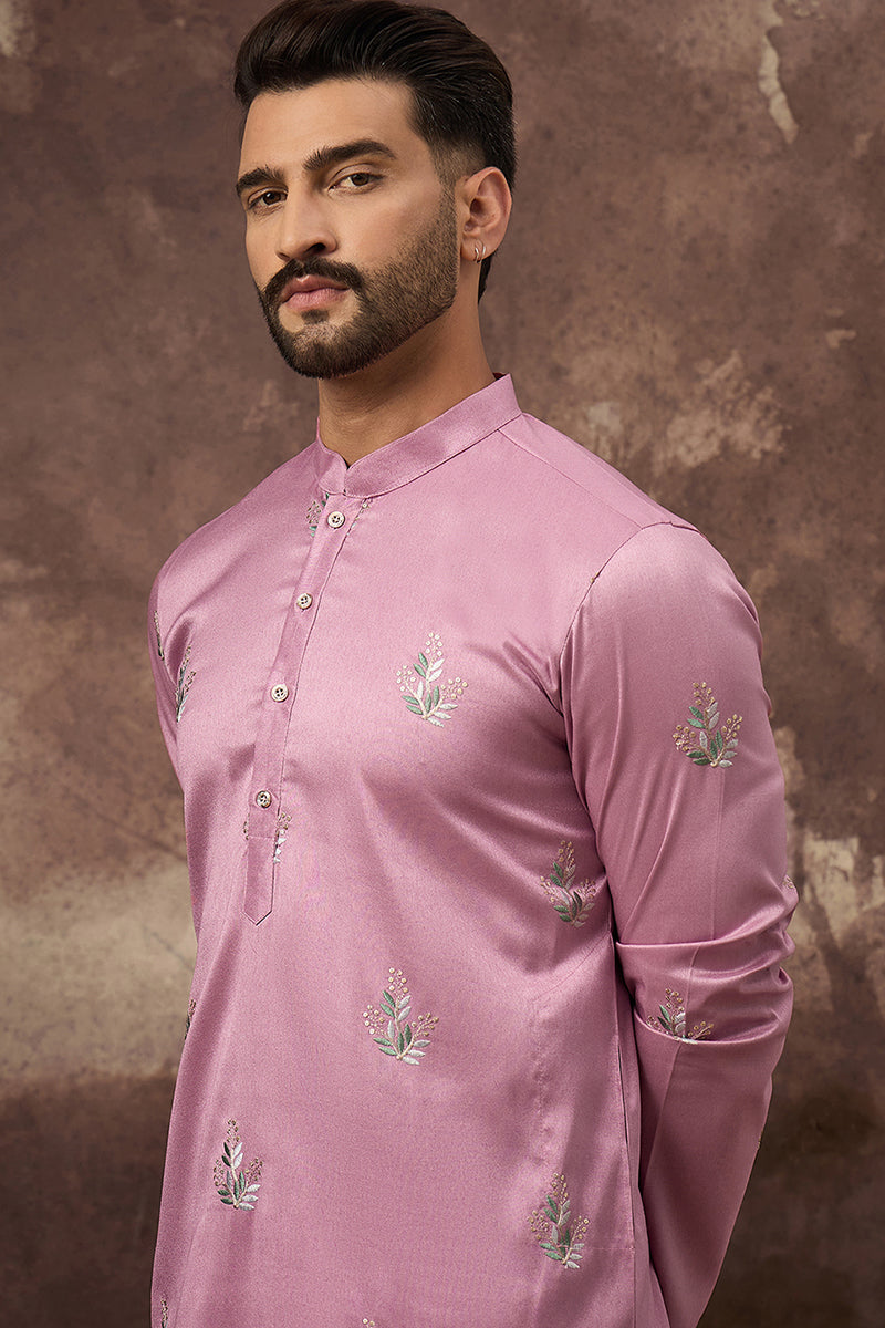 pink silk blend solid embroidered straight kurta with trouser