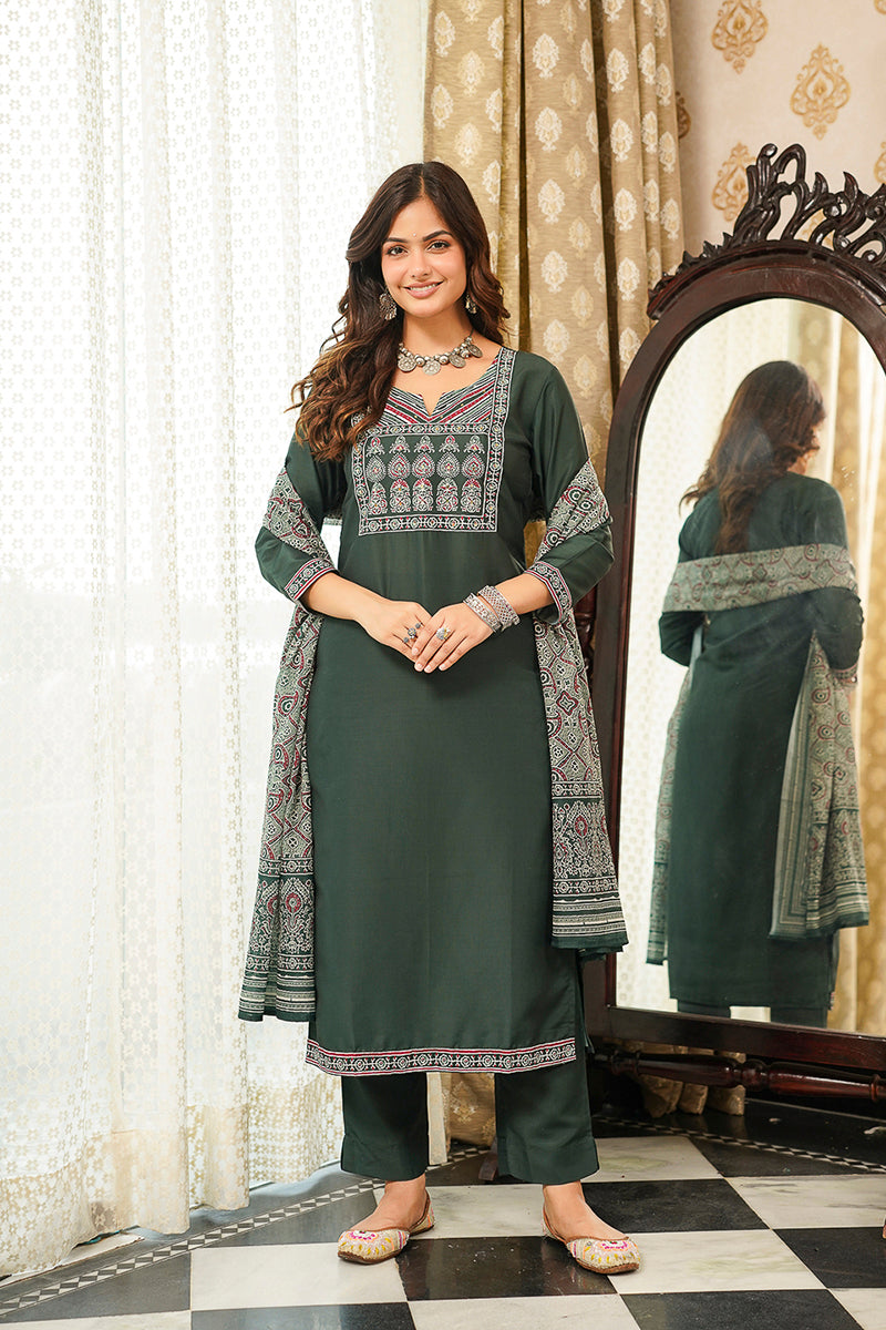 green rayon blend ajrakh printed straight kurta trousers with dupatta 