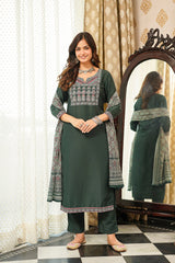 green rayon blend ajrakh printed straight kurta trousers with dupatta 