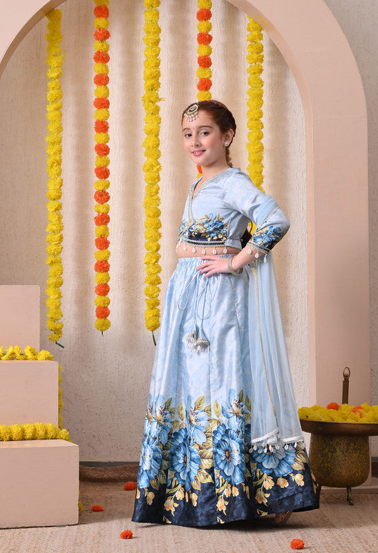 Indi Loom Couture Girls Sky Blue Floral Printed Lehenga Choli with Net Dupatta ILLCD36