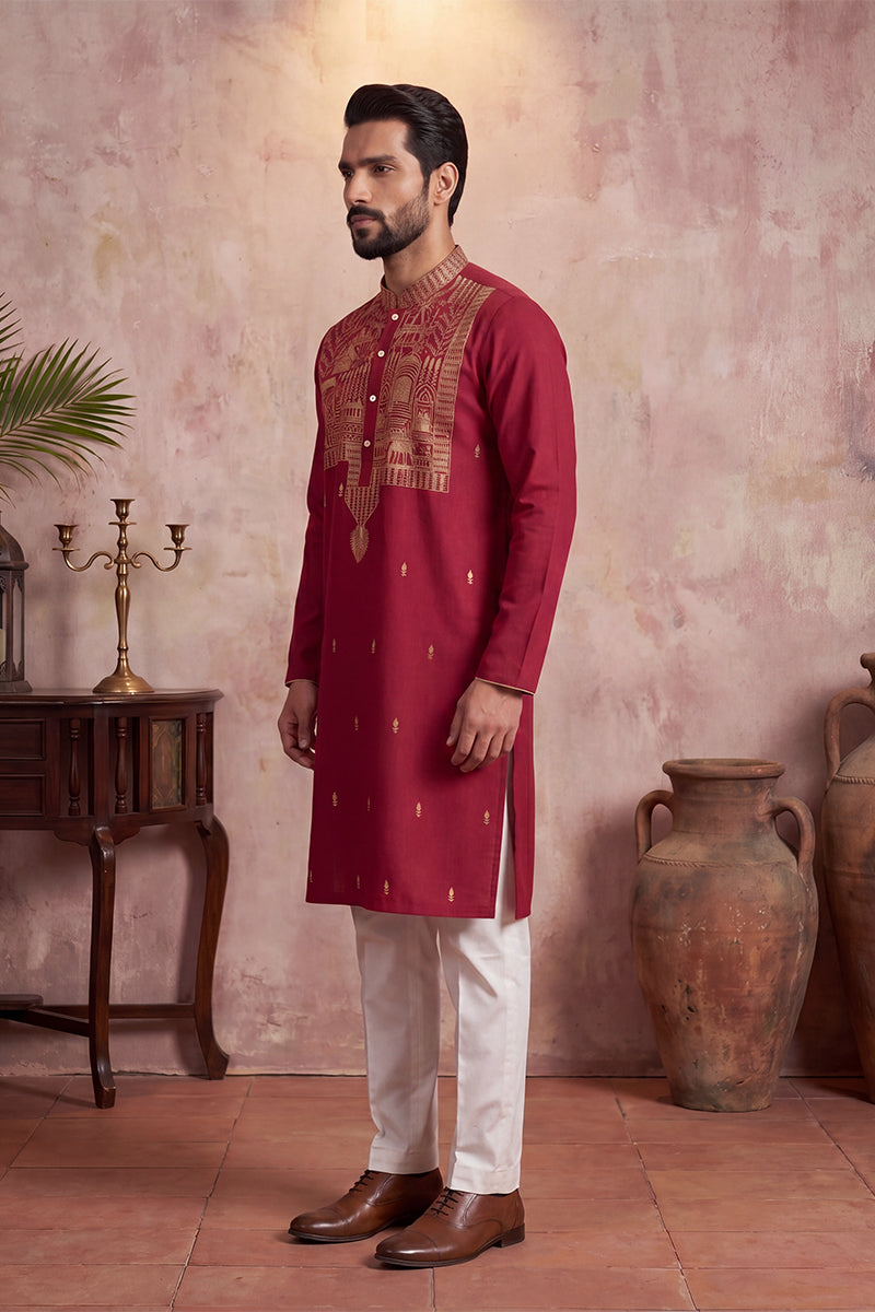 Mens Red Silk Blend Solid Emboidered Straight Kurta With Trouser MKSET2375