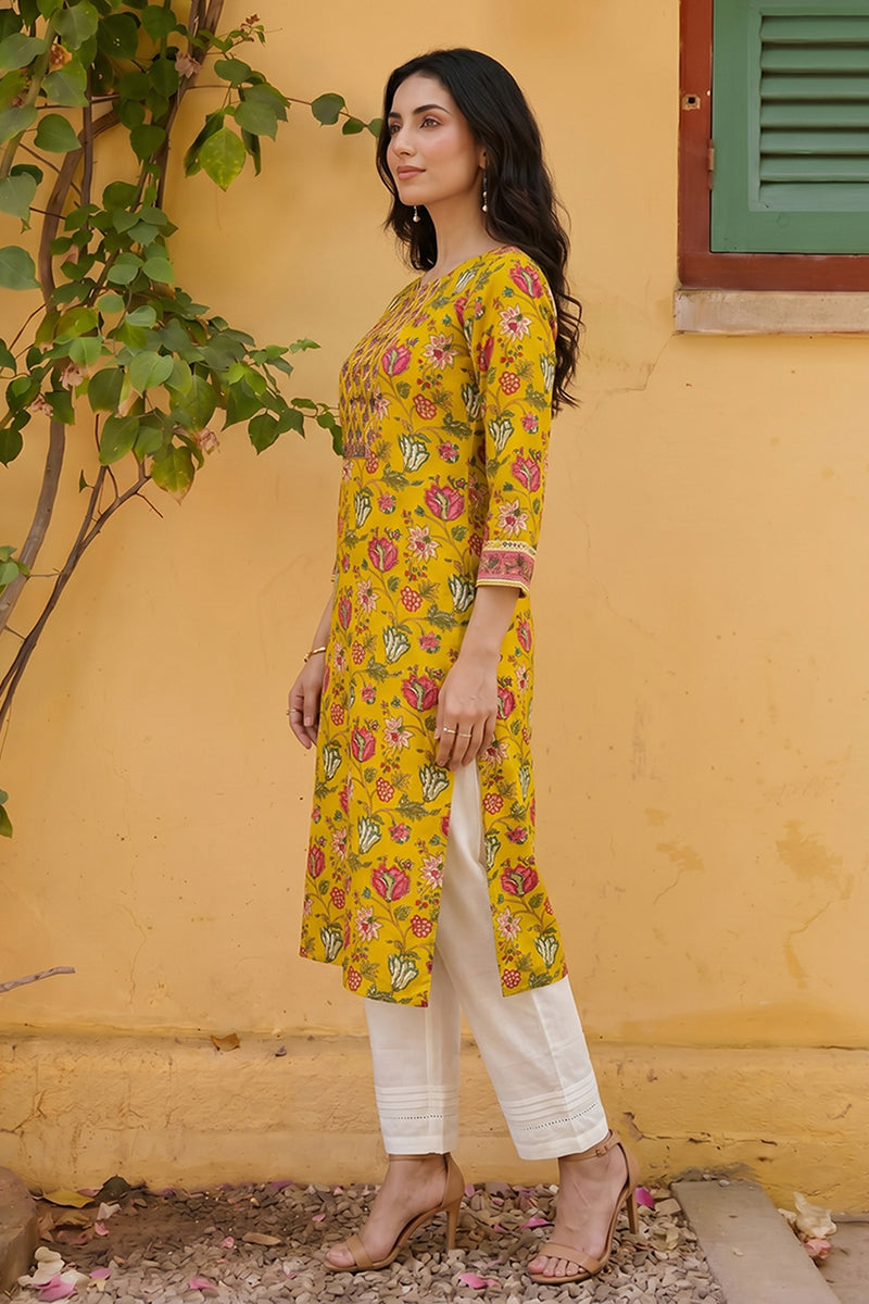 rayon yellow floral digital printed regular kurta vck9820