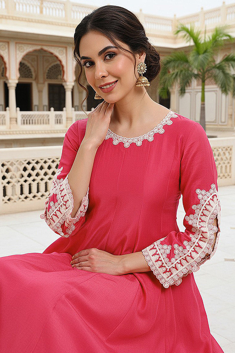 pink silk blend solid embroidered flared suit set pkskd2071