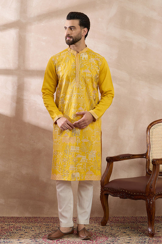 Yellow Silk Blend Embroidered Mandarin Collar Straight Kurta With Trouser MKSET2053