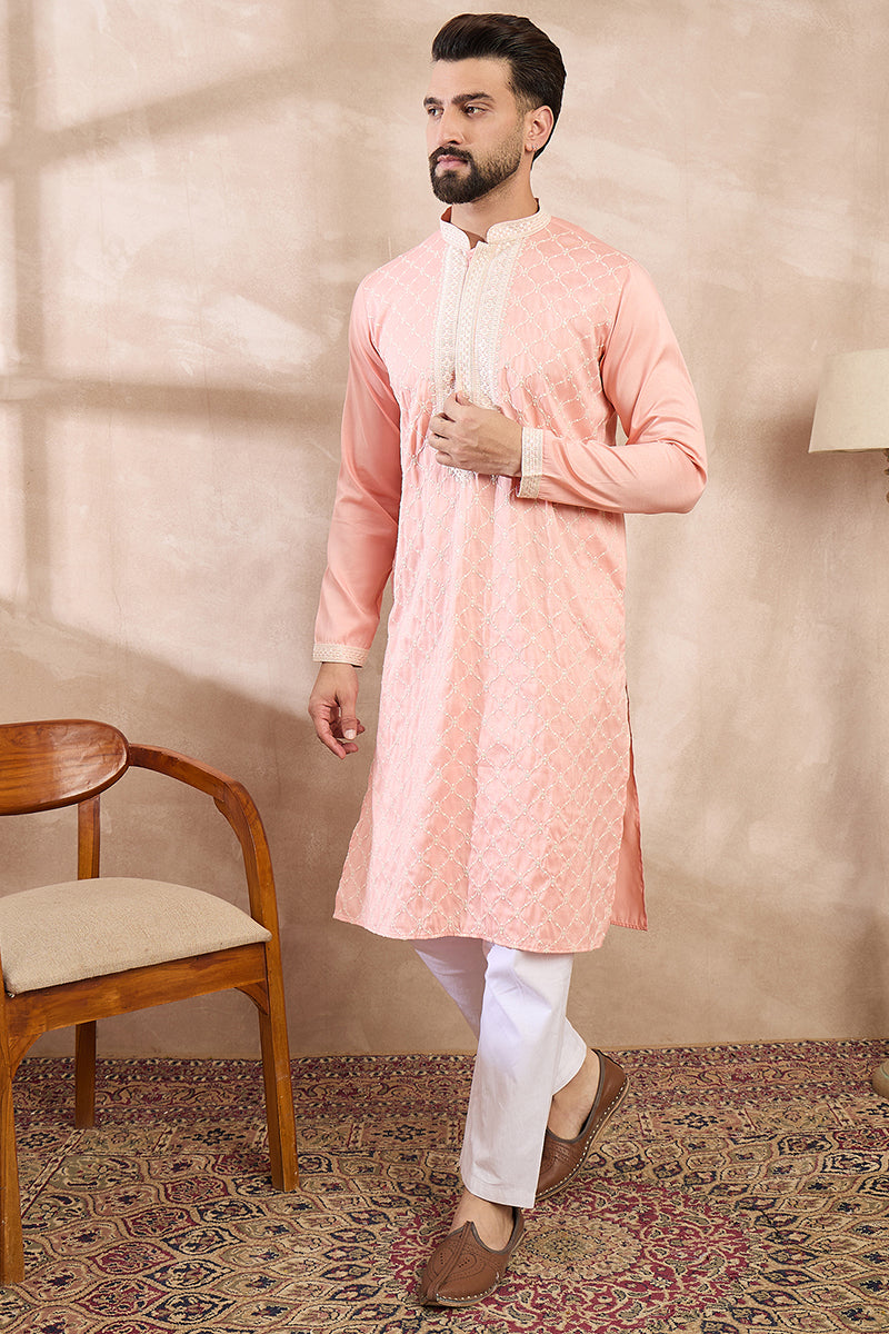 Pink Silk Blend Ethnic Motifs Embroidered Straight Kurta With Trouser MKSET1692