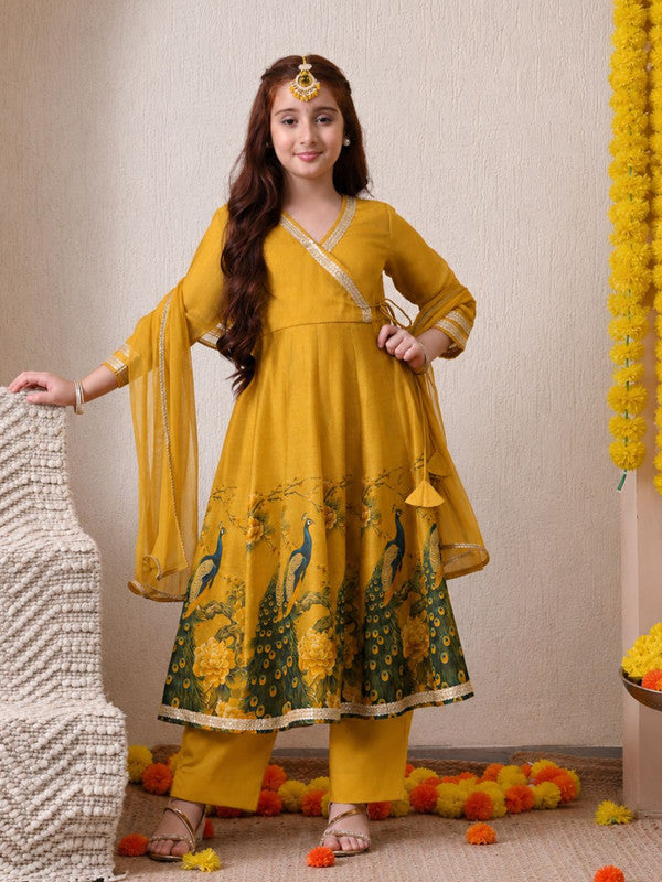 Indi Loom Couture Girls Mustard Yellow Printed Anarkali Kurta with Solid Pants & Dupatta Set ILKSD47