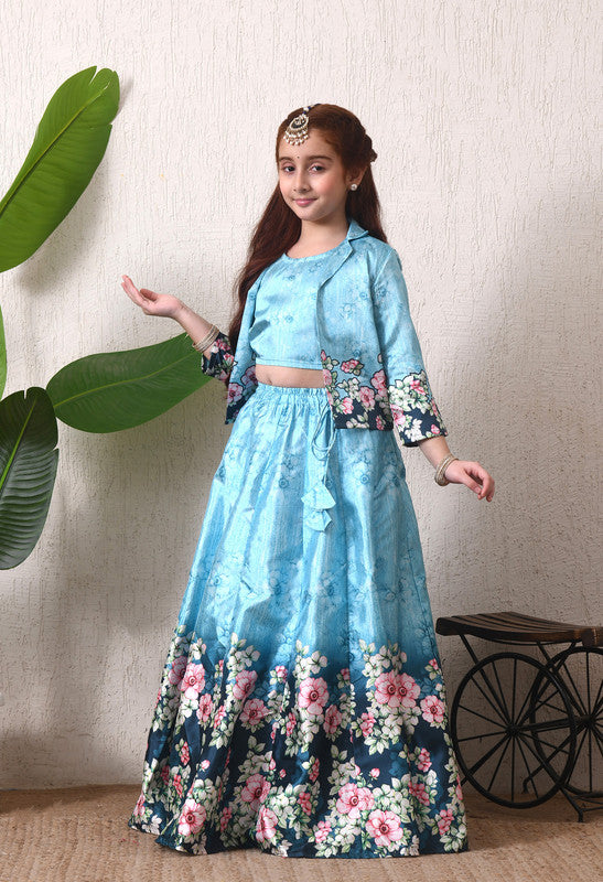 Indi Loom Couture Girls Sky Blue Floral Printed Crop Top with Jacket & Flared Skirt Co Ord Set ILLCJ48