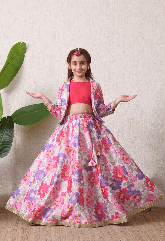 Indi Loom Couture Girls Pink Floral Printed Crop Top with Jacket & Flared Skirt Co Ord Set ILLCJ47