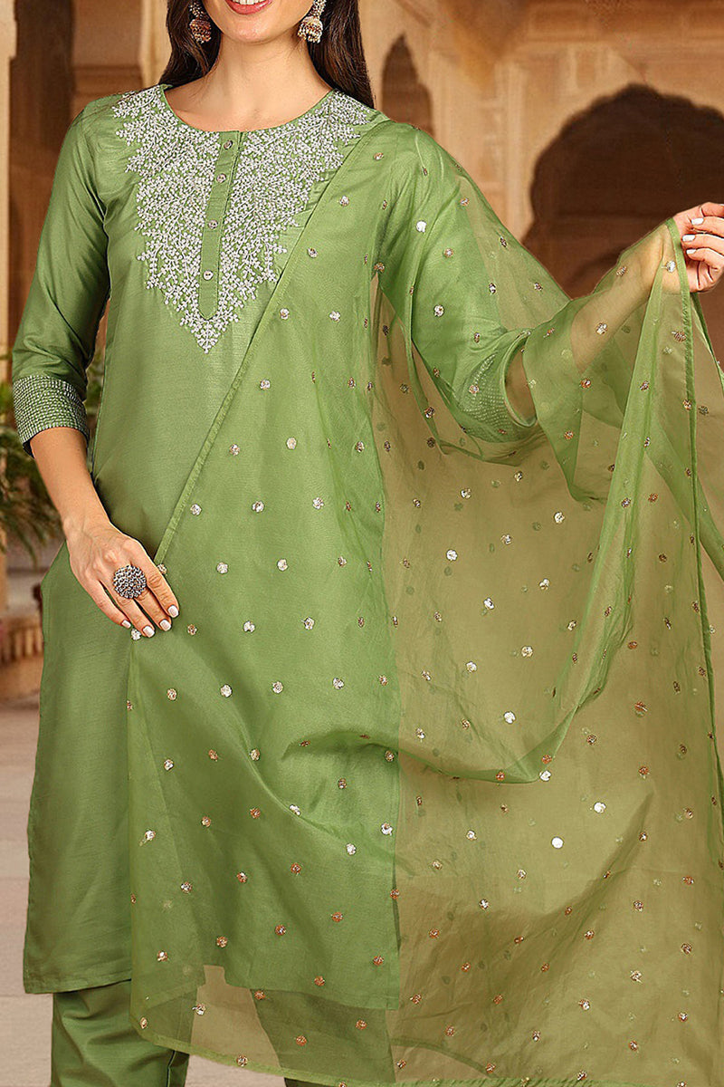 women green poly silk solid yoke design kurta trousers with dupatta pkskd1589