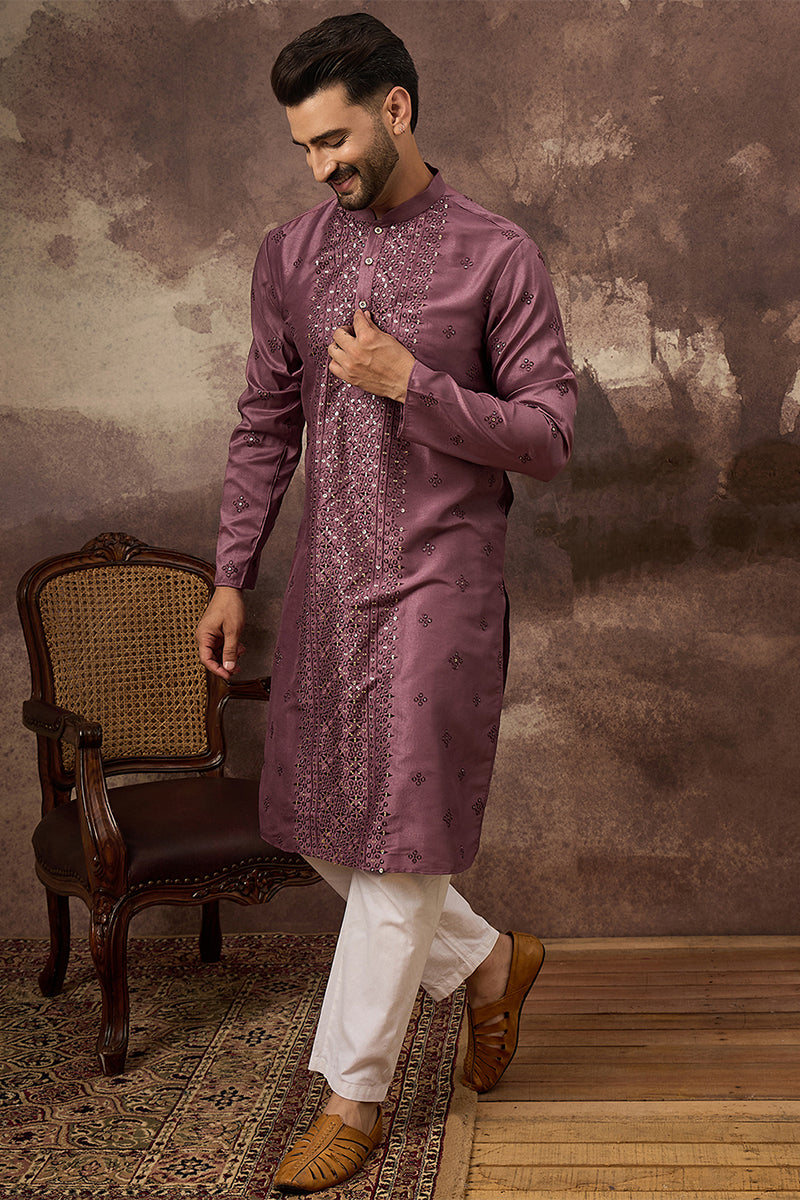Mavue Silk Blend Solid Embroidered Straight Kurta with Trouser MKSET1368