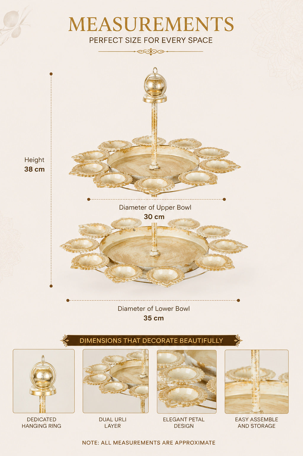 premium dual layer urli bowl with 24 tea light holders decorative metal floating flower stand antique gold ivory finish for diwali pooja weddings festivals home decor