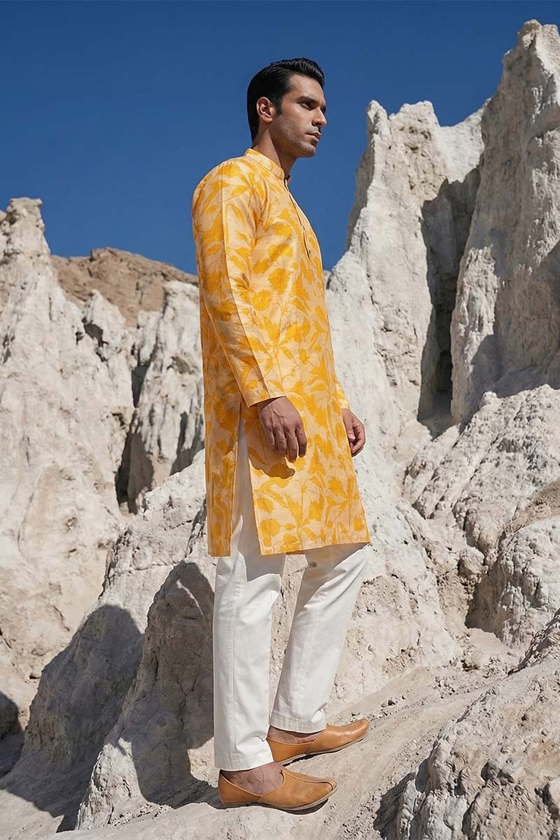 Yellow Silk Blend Printed Straight Kurta MKU2167