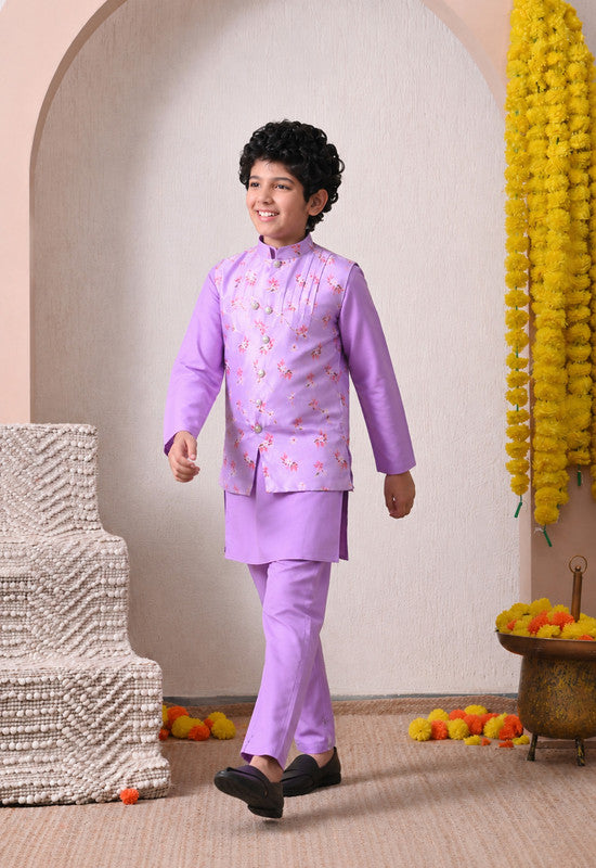Indi Loom Couture Boys Lavender Plain  Kurta with Pyjama & Printed Nehru Jacket Set ILBKSJ19