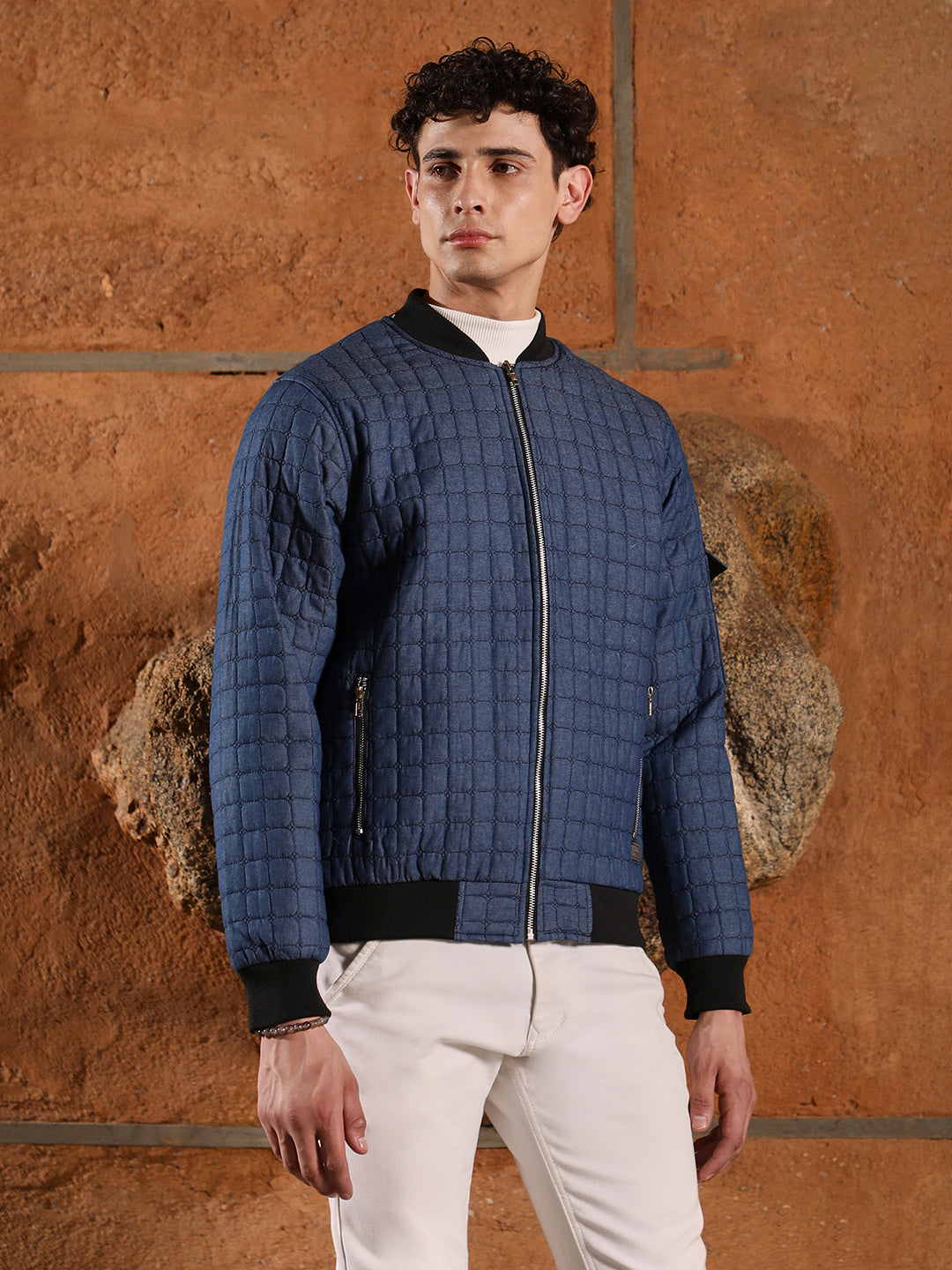 Mens Indigo Blue Cubic Quilted Bomber Jacket