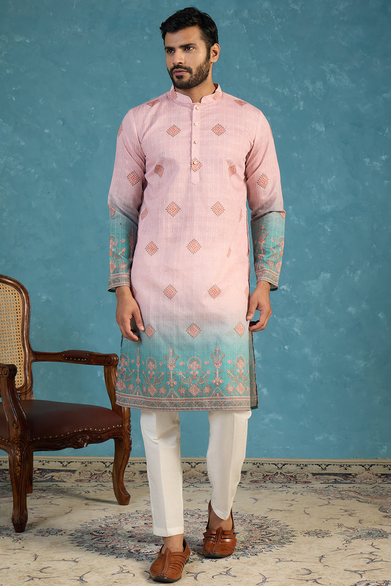 Mens Peach Silk Blend Woven Design Calf Length Straight Regular Kurta MKU2348