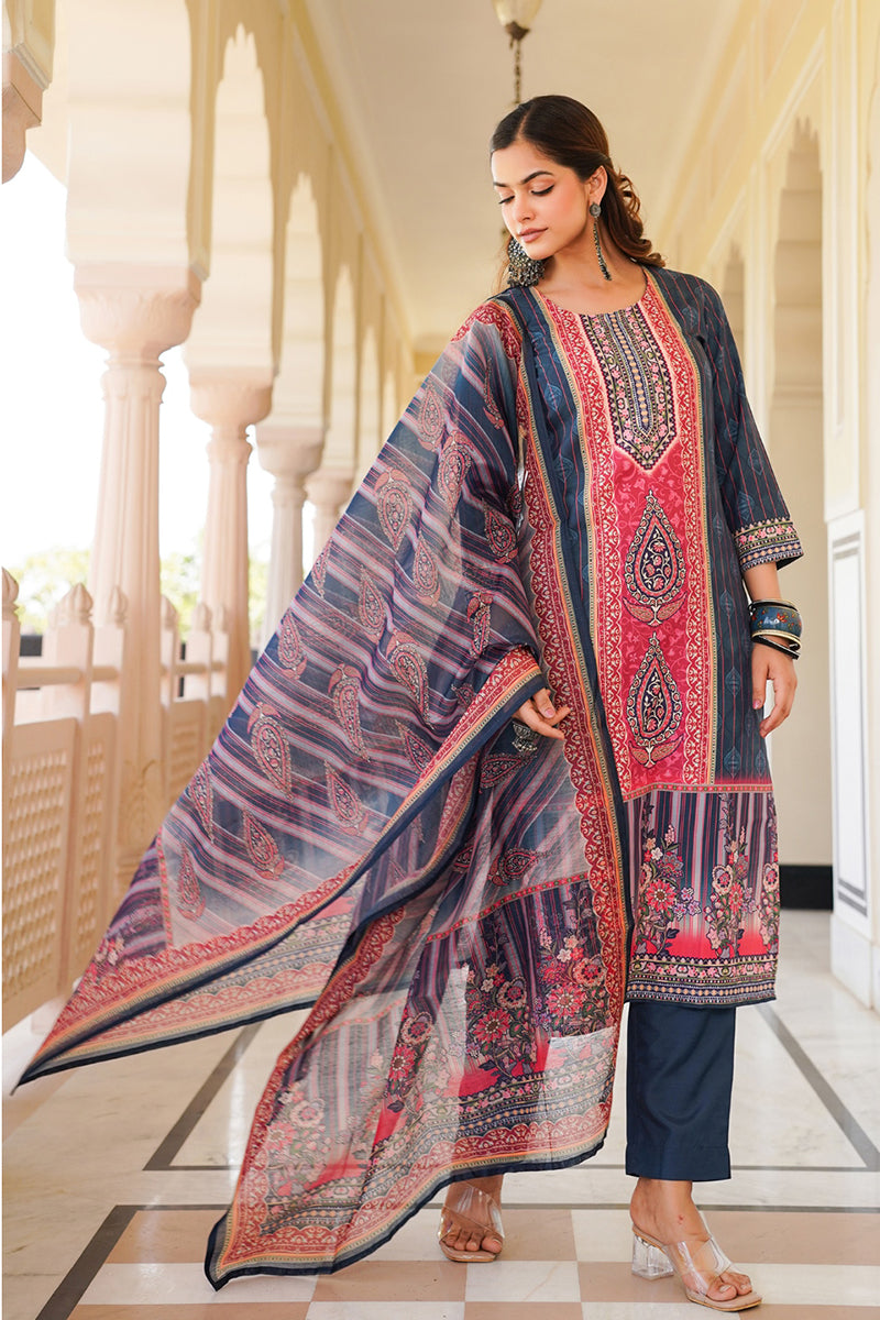 blue rayon blend ethnic motifs printed straight kurta trouser with dupatta 