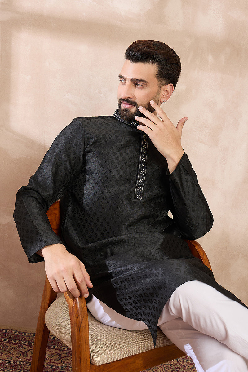 Black Silk Blend Solid Woven Design Straight Kurta MKU1854
