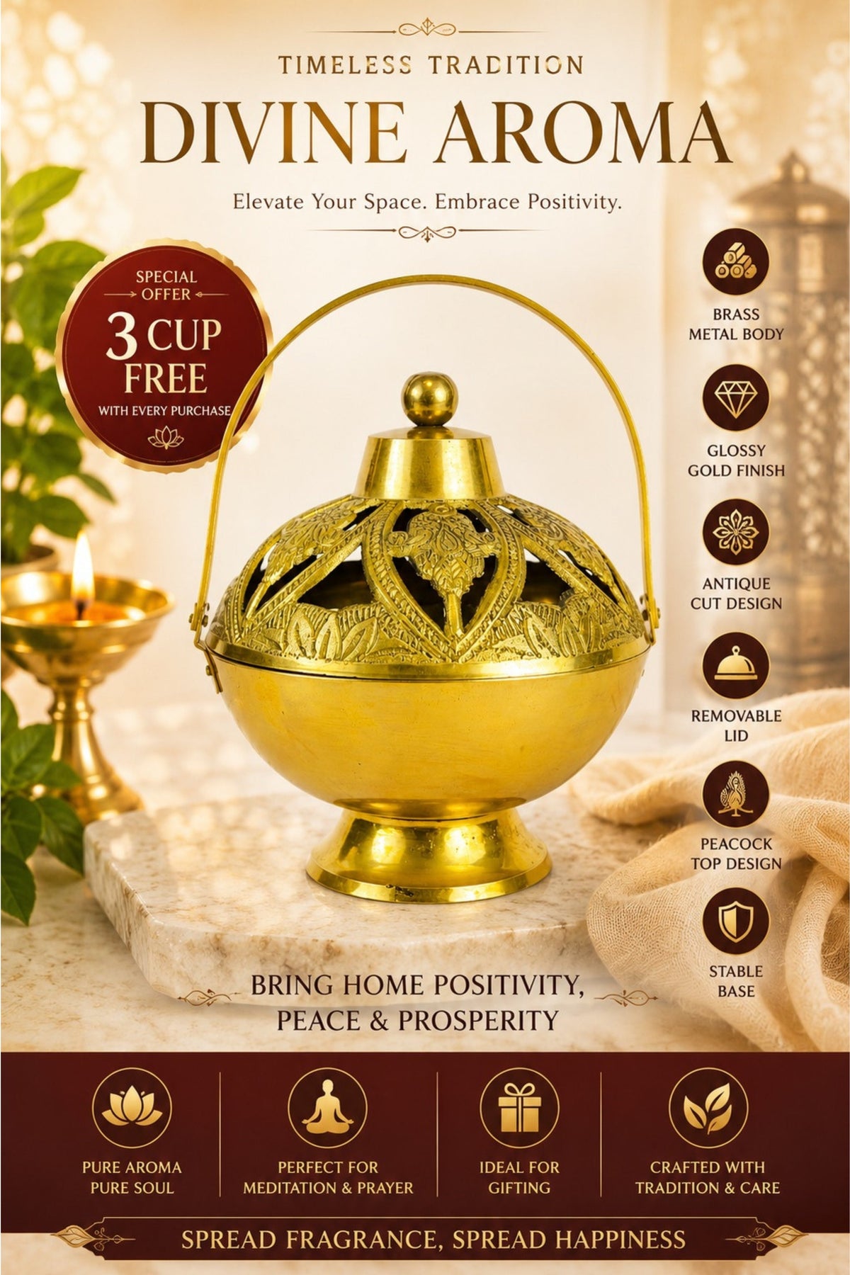 premium brass metal incense burner with handle handcrafted dhoop dani for sambrani loban dhoop cups resin incense decorative smoke diffuser for home temple pooja room