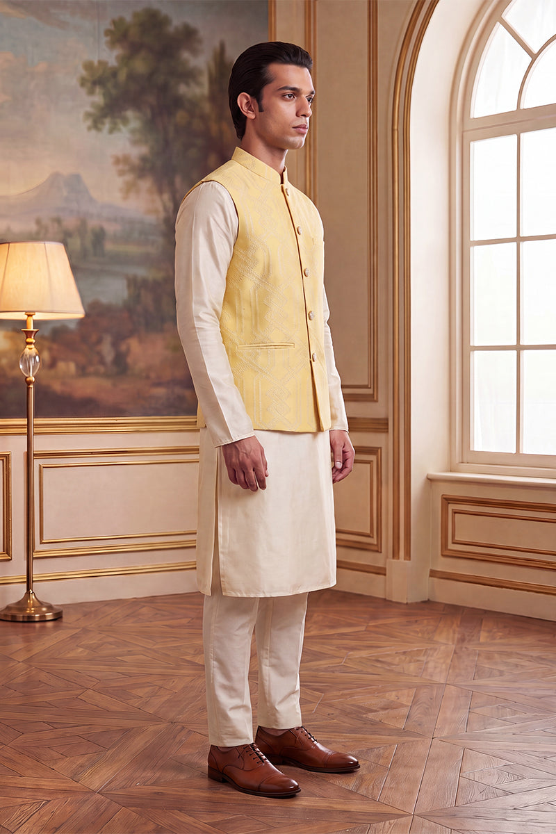 Mens Yellow Jacquard Woven Design Solid Koti MKOT1040