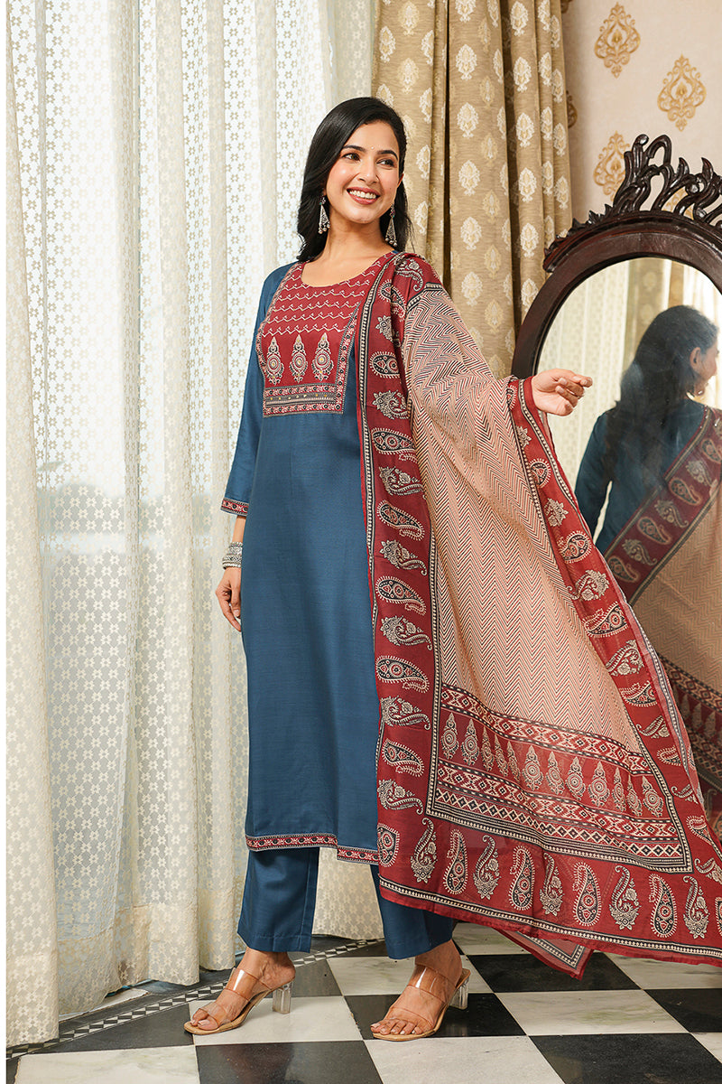 blue rayon blend ajrakh printed straight kurta trousers with dupatta