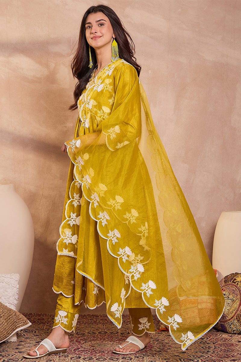 mustard silk blend solid embroidered a line kurta trouser with dupatta 