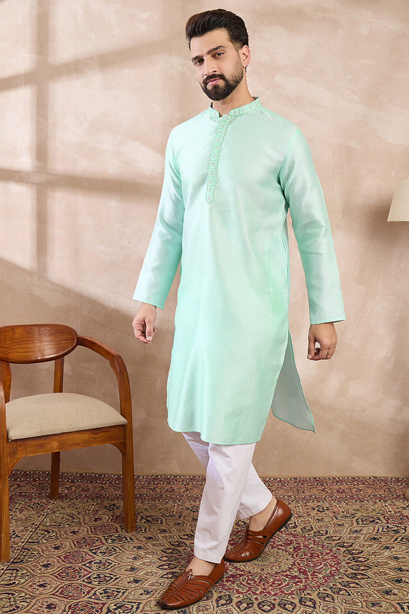 Blue Silk Blend Solid Embroidered Straight Kurta MKU1734