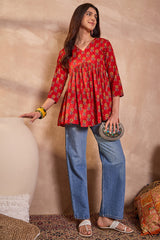 red cotton blend floral printed top