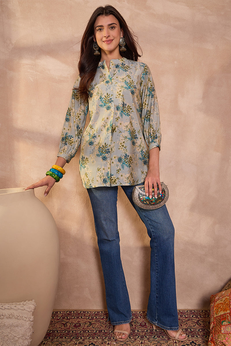 grey silk blend floral printed top