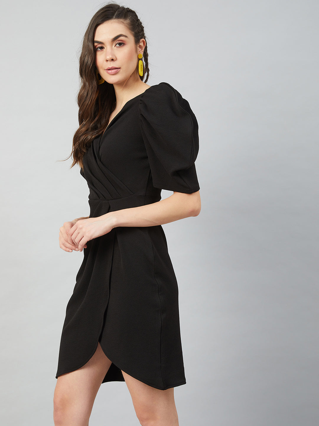 athena black tulip wrap dress with volume sleeves