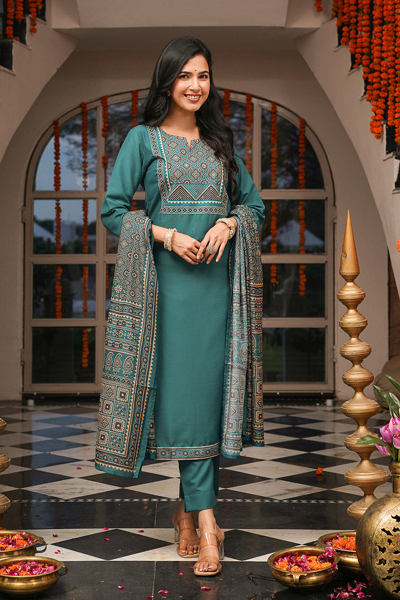teal rayon blend ajrakh printed straight kurta trousers with dupatta pkskd3082