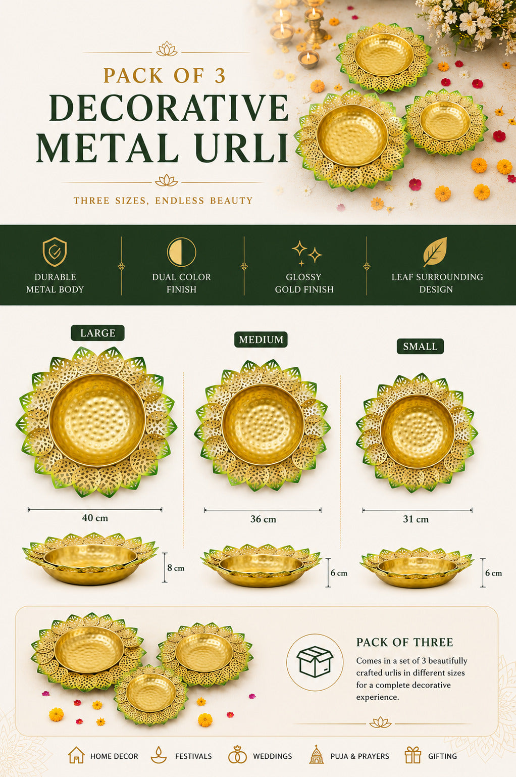 decorative lotus metal urli bowl set for floating flowers candles designer festival entrance decor set of 3 blue gold copy
