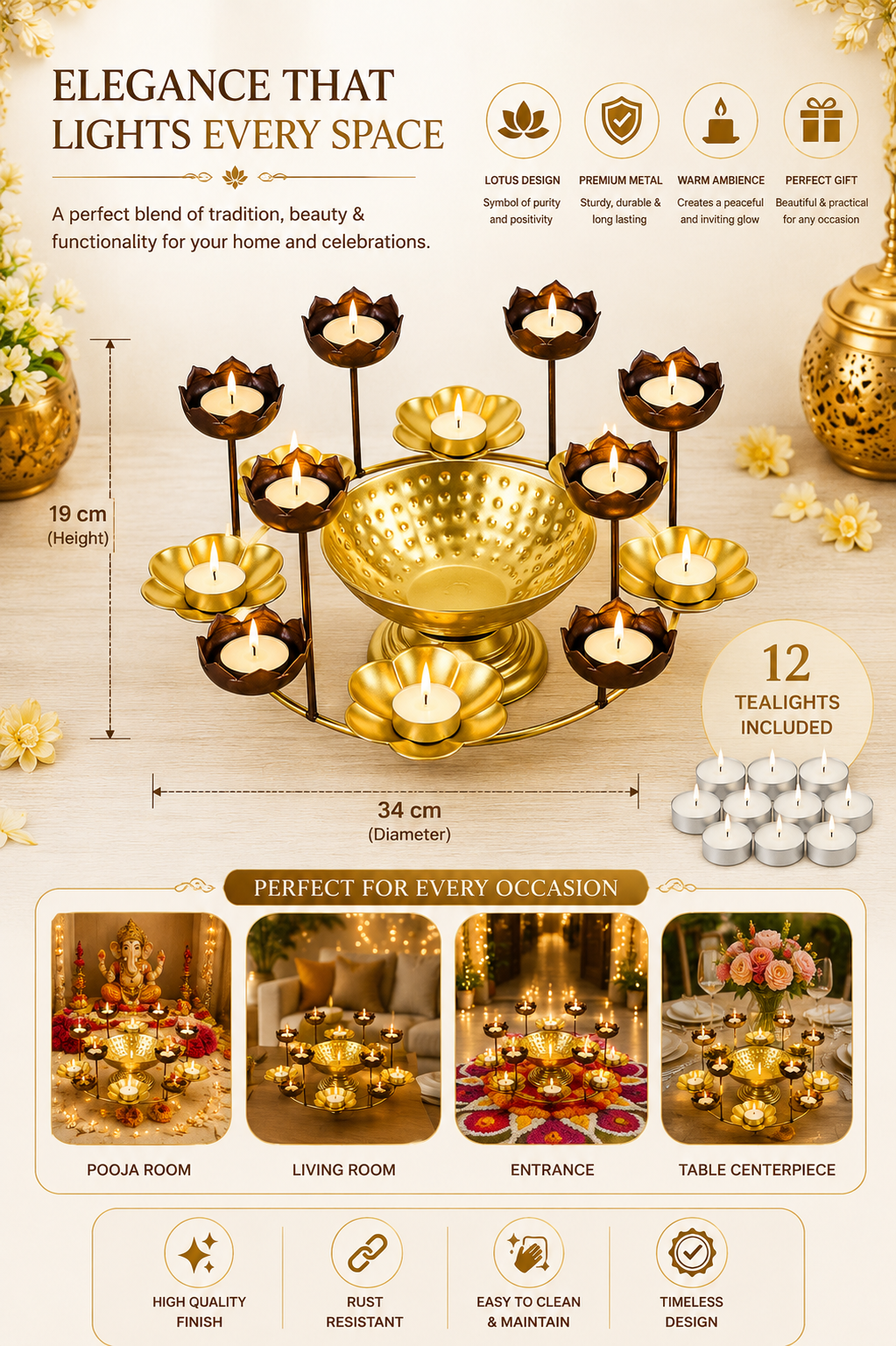 premium lotus urli bowl with elevated tea light holders decorative hammered metal floating flower bowl gold finish candle centerpiece for diwali pooja weddings festivals home decor
