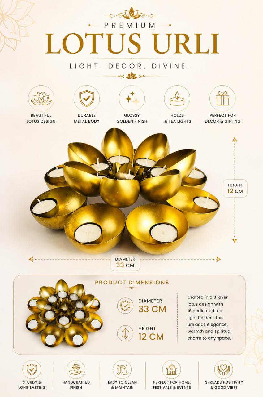 golden metal urli cum tealight holder set decorative diya flower urli for festive home decor