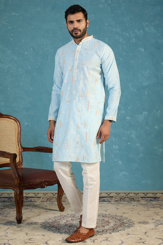 Silk Blend Blue Solid Embroidered Calf Length Straight Kurta With Trousers MKSET2141