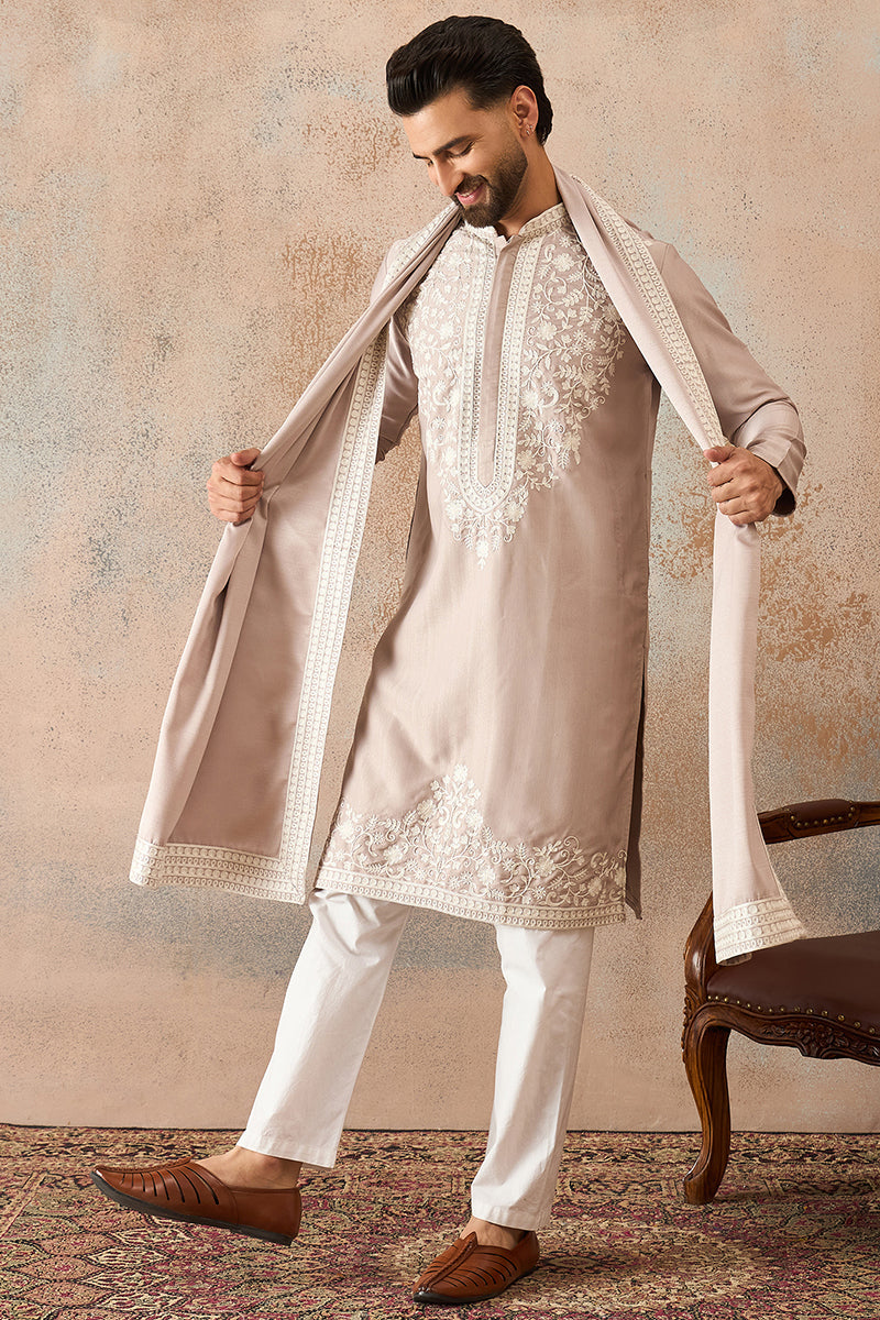 Mens Beige Silk Blend Solid Embroidered Kurta Trouser With Dupatta MKPD1042