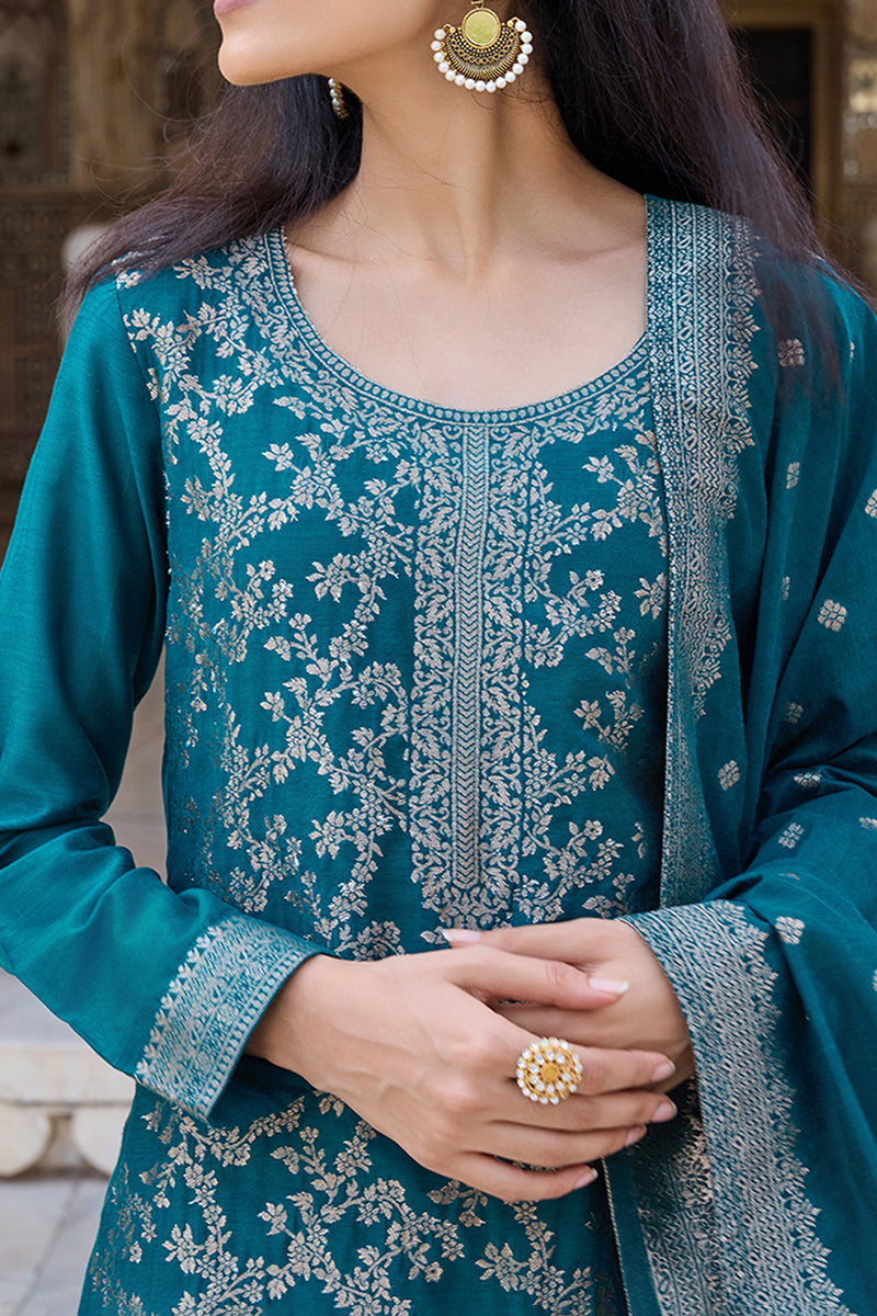 teal blue poly chanderi solid woven design straight trouser suit set