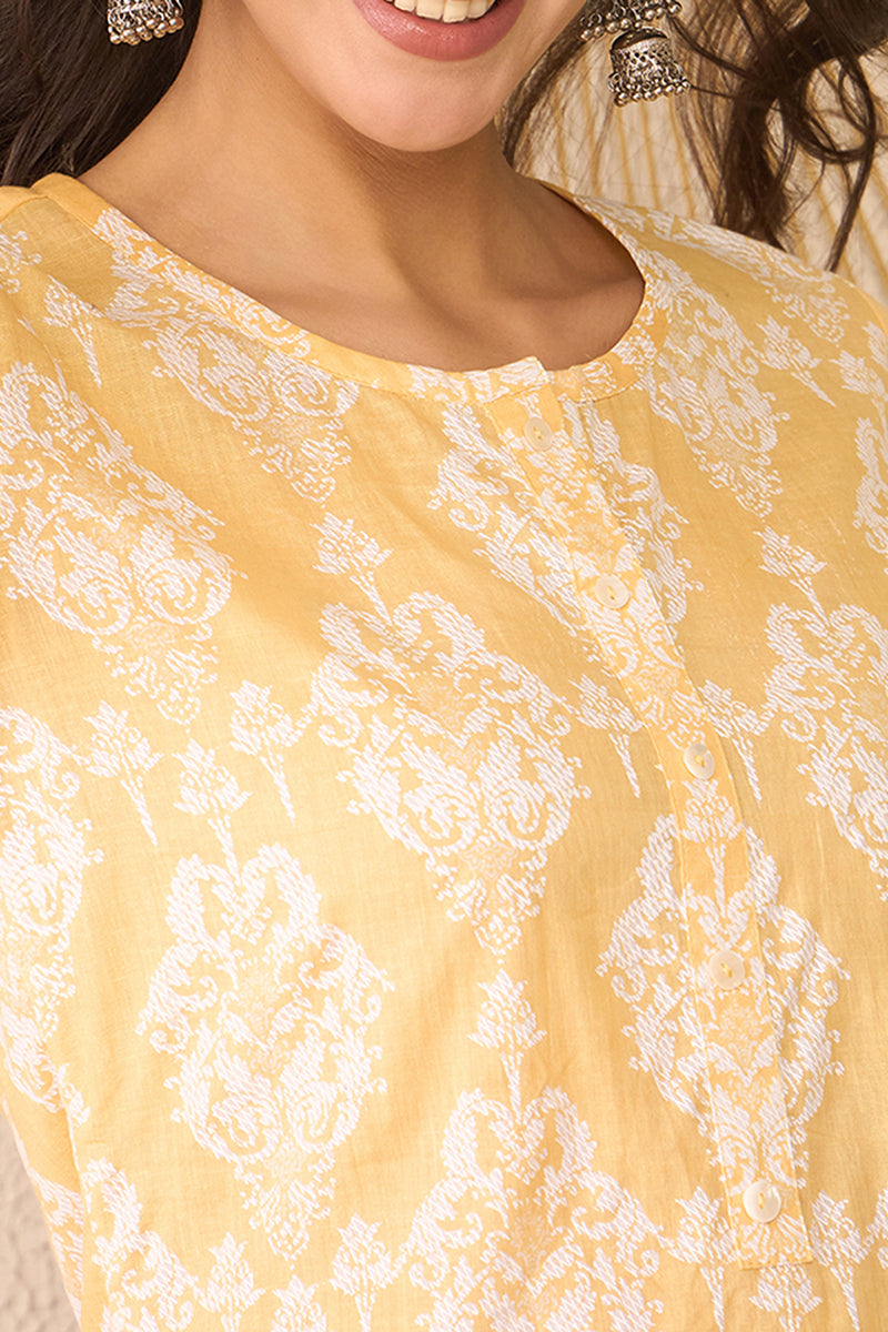 yellow cotton blend ethnic motifs printed regular top 