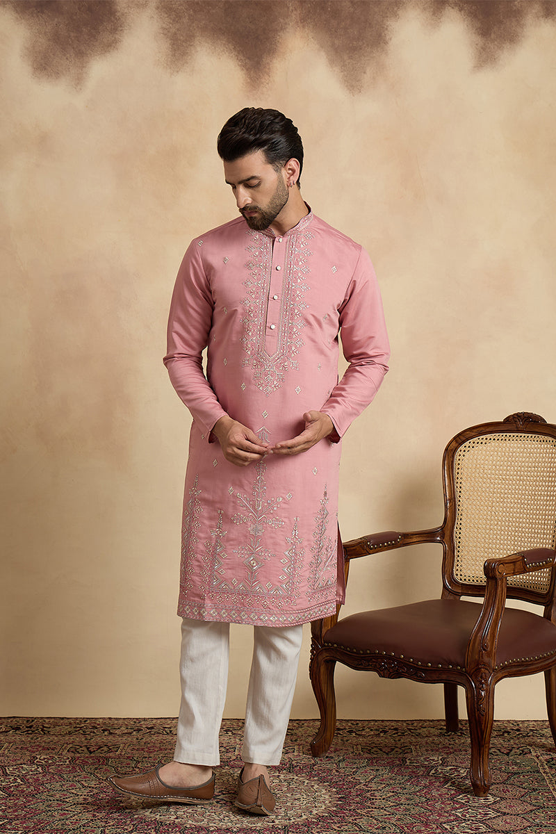 Mens Pink Silk Blend Solid Embroidered Straight Kurta With Trouser MKSET2526
