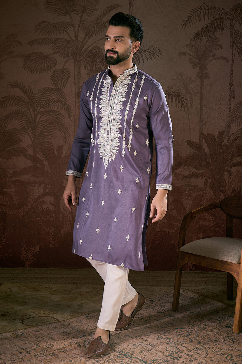 Lavender Silk Blend Solid Embroidered Straight Kurta With Trouser MKSET1792