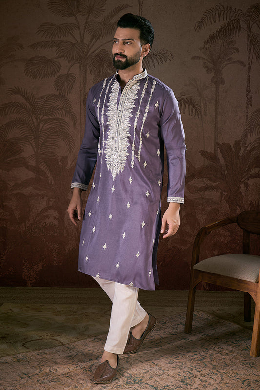 Lavender Silk Blend Solid Embroidered Straight Kurta With Trouser MKSET1792