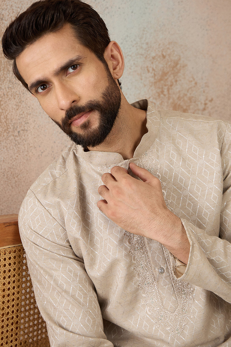Mens Beige Linen Blend Geometric Woven Design Kurta MKU2364