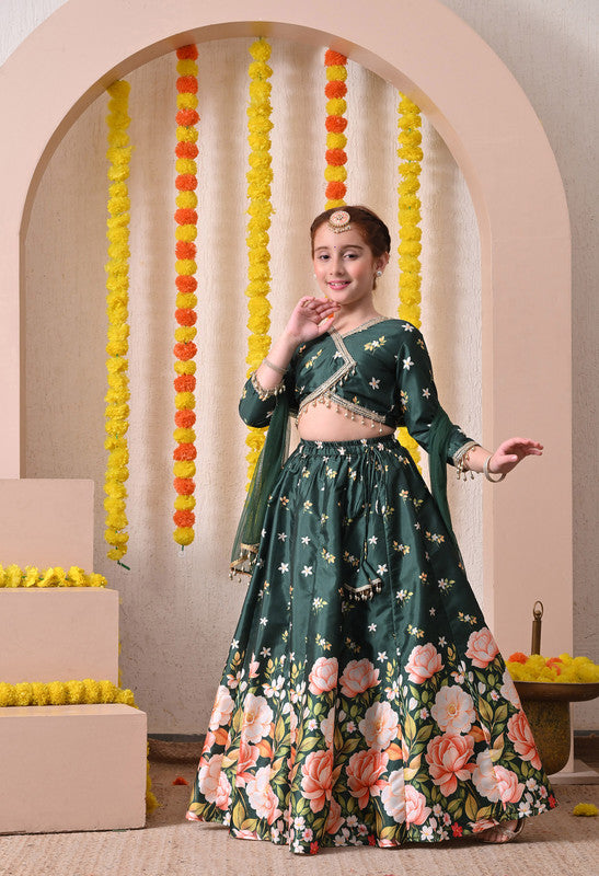 Indi Loom Couture Girls Dark Green Floral Printed Lehenga Choli with Net Dupatta ILLCD37