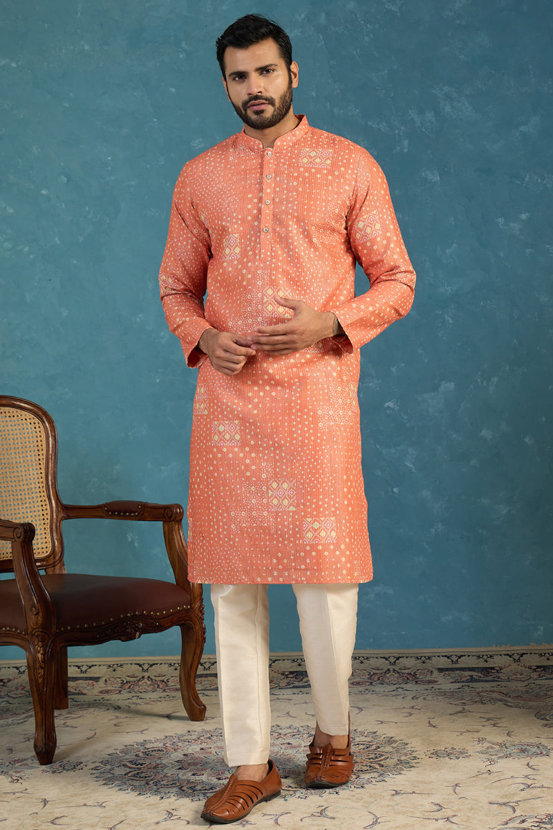 Mens Orange Linen Blend Bandhani Printed Kurta With Trouser MKSET2638