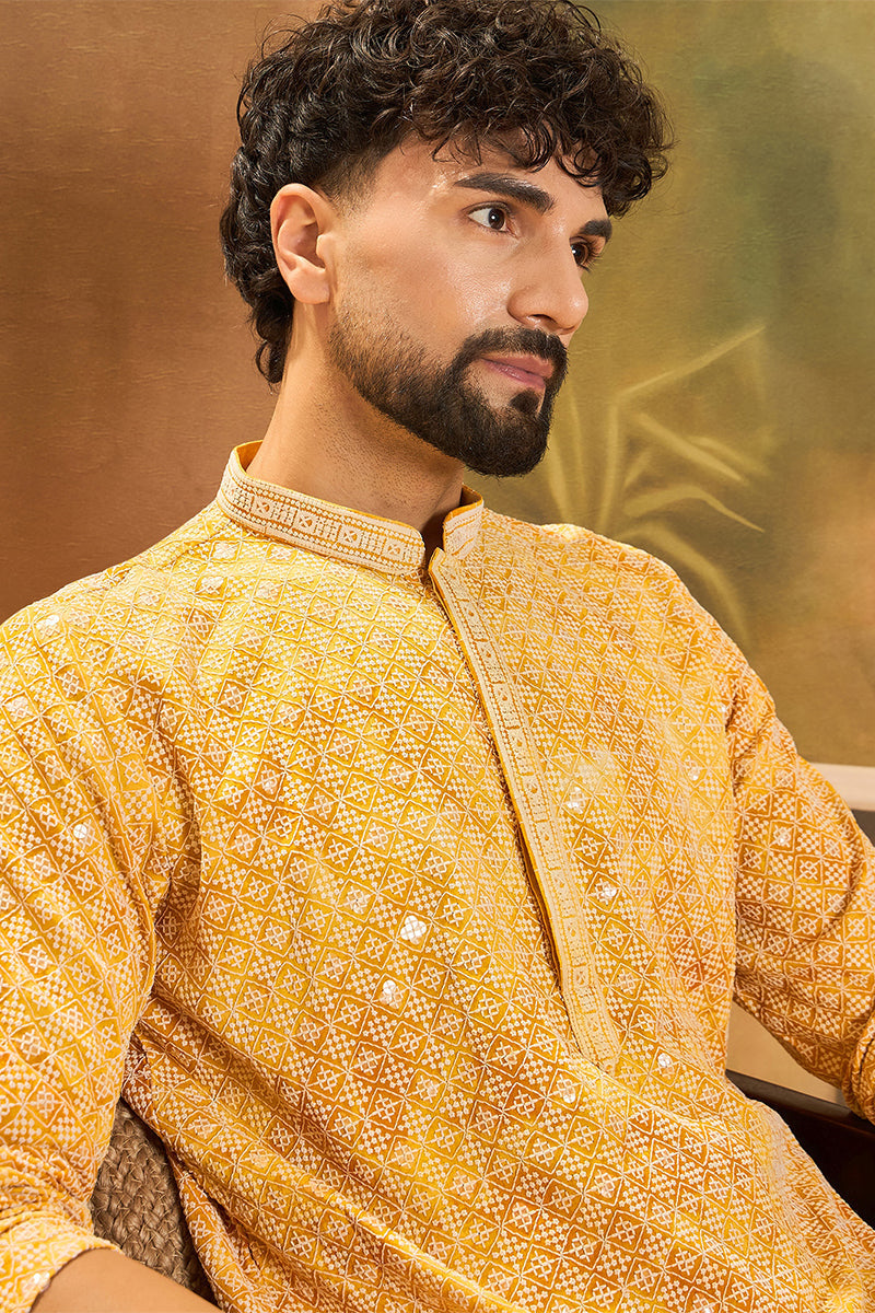 Yellow Viscose Rayon Shibori Embroidered Straight Kurta with Trouser MKSET1483