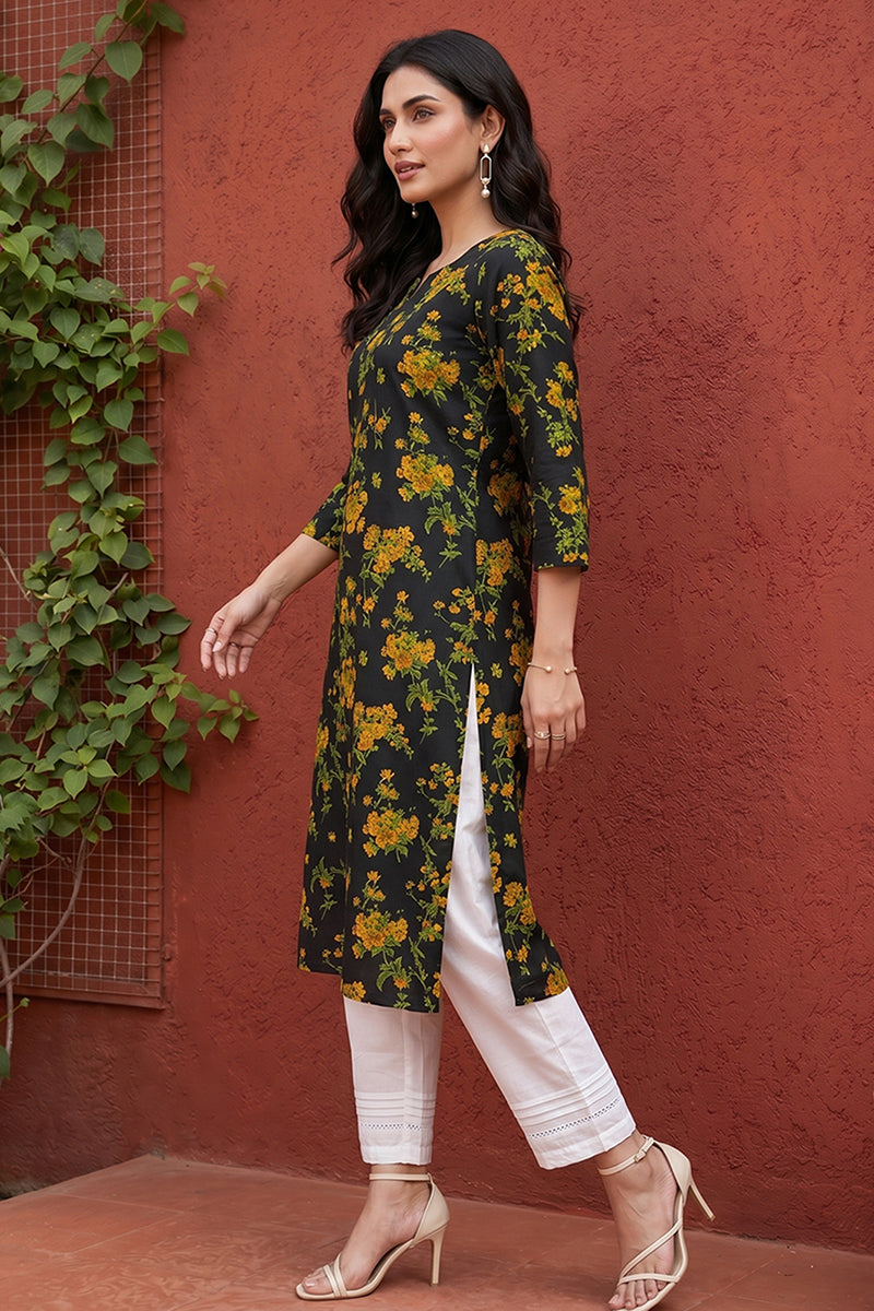 rayon black floral digital printed regular kurta vck9822