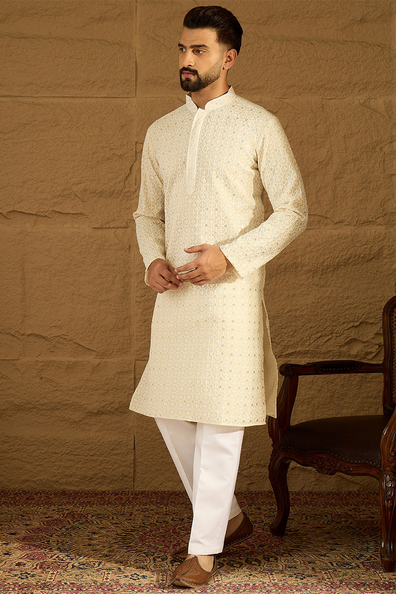 off white cotton solid printed straight kurta with trouser