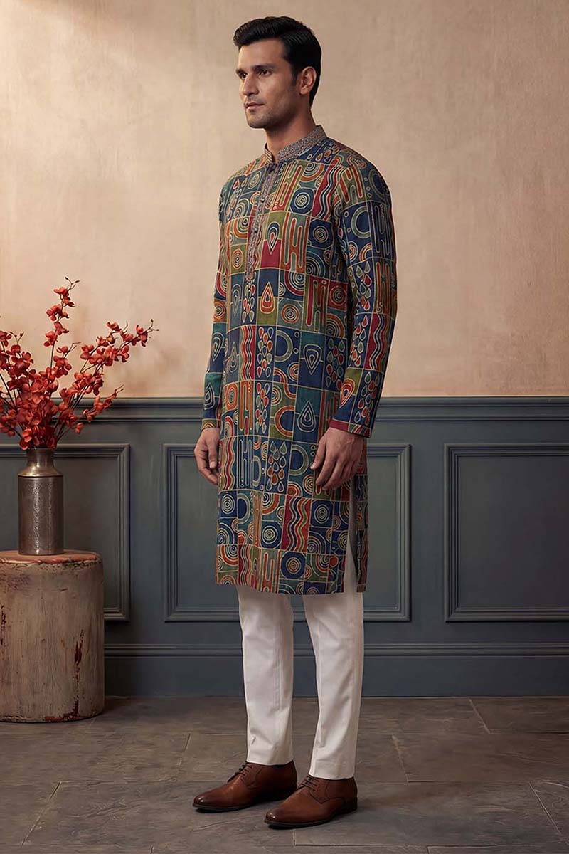 Viscose Rayon Multi Abstract Printed Calf Length Straight Kurta With Trousers MKSET1984