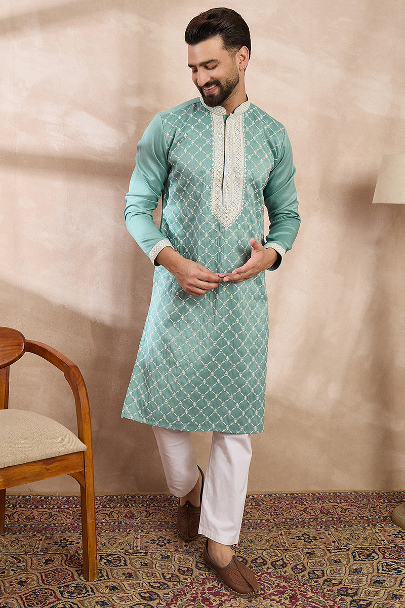 Teal Silk Blend Geometric Embroidered Straight Kurta With Trouser MKSET1693